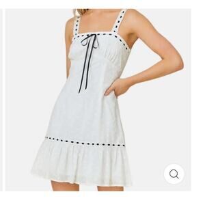 NWT Eyelet Lace Mini Dress White Black Size Small Boho adjustable Coquette